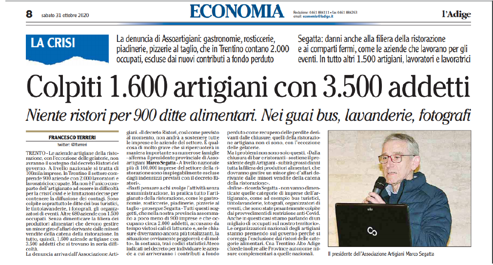 Decreto Ristori: troppe imprese artigiane escluse dai contributi. La denuncia del Presidente Segatta